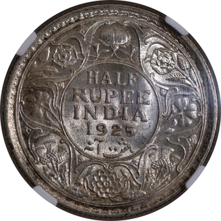 Rare NGC MS 62+ Graded Silver Half Rupee Coin of King George V of Calcutta Mint of 1925.