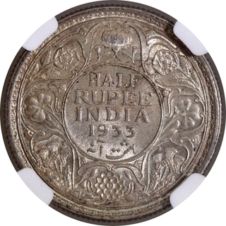 Rare NGC MS 63 Graded Silver Half Rupee Coin of King George V of Calcutta Mint of 1933.