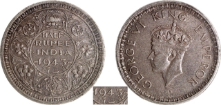 Rare Silver Half Rupee Coin of King George VI of Lahore Mint of 1943.