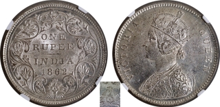 Extremely Rare Top Pop NGC MS 64 Graded Silver One Rupee Coin of Bombay Mint of Victoria Queen of 1862.