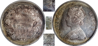 PCGS AU 58 Graded Silver One Rupee Coin of Victoria Queen of Bombay Mint of 1862.