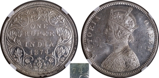 Very Rare NGC MS 62 Graded Silver One Rupee Coin of Bombay Mint of 1874 of Victoria Queen.