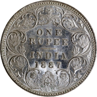 Scarce Uncirculated B incused inverted Silver One Rupee Coin of Victoria Empress of Bombay Mint of 1887.