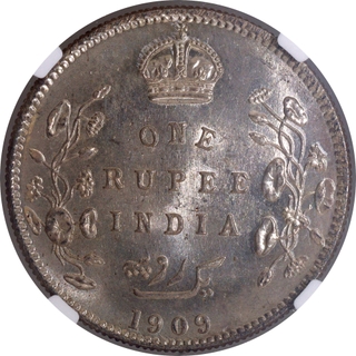 Rare NGC MS 63+ Graded Silver One Rupee Coin of King Edward VII of Calcutta Mint of 1909.