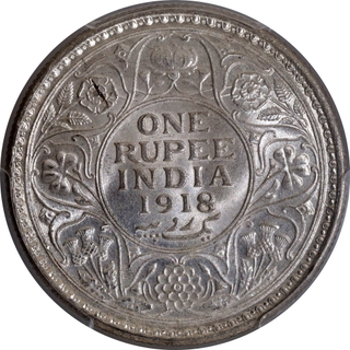 PCGS MS 63 Graded Silver One Rupee Coin of of King George V of Calcutta Mint of 1918.