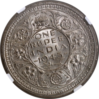 NGC MS 62 Graded 1945 Silver One Rupee Coin of King George VI of Bombay Mint with Die Rotation.