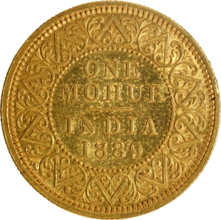 Extremely Rare Gold One Mohur Coin of Victoria Empress of Calcutta Mint of 1889.