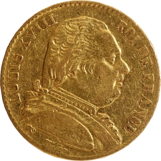 Gold Twenty Francs coin of Louis XVIII of 1814.