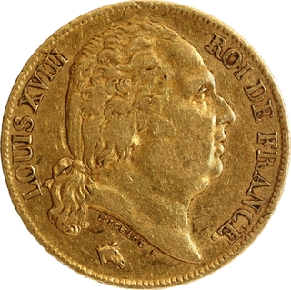 Gold Twenty Francs Coin of Louis XVIII of France of 1821. 