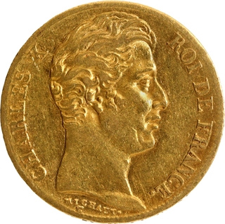 Gold Twenty Francs Coin of King Charles X of France of 1830.