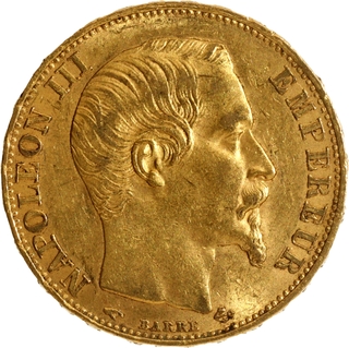 Gold Twenty Francs Coin of Napoleon III of France of 1856.