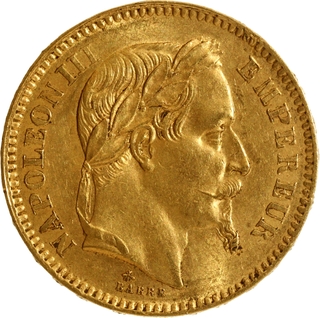 Gold Twenty Francs Coin of Napoleon III of France of 1864.