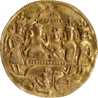 Gold Ramatanka Token of Mid 19th Century with Lord Ram, Sita & Hanuman.