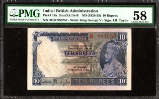 Very Rare PMG 58 Graded Ten Rupees Banknote of British India of King George V Signed by J B Taylor of 1934.