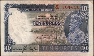 Rare Ten Rupees Banknote of British India of King George V Signed by J B Taylor of 1935.