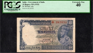 Rare PCGS 40 Graded Ten Rupees Banknote Signed by J W Kelly of 1935 of British India.