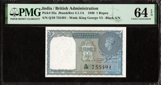 Rare PMG 64 Graded One Rupee Banknote of King George VI Signed by C E Jones of 1944 of British India.