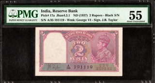 Rare PMG 55 Graded Two Rupees Banknote of King George VI Signed by J B Taylor of 1943 of British India.