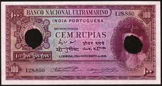 Rare Cancelled Cem Rupias Banknote of Banco Nacional Ultramarino of Indo Portuguese of 1945.