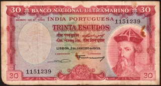 Trinta Escudos Banknote of Banco Nacional Ultramarino of Indo Portuguese of 1959.