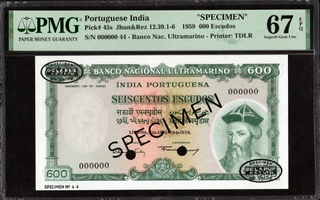 Specimen Six Hundred Escudos Banknote of Banco Nacional Ultramarino of Indo Portuguese of 1959. 