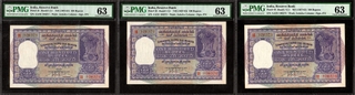 Very Rare PMG 63 Graded One Hundred Rupees Consecutive Banknotes Signed by H V R Iyengar of Republic India of 1960.