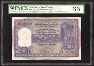 PMCS 35 Graded Hundred Rupees Banknote Signed by P C Bhattacharya of Republic India of 1960.