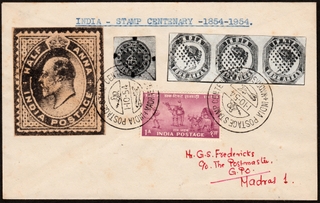 Private Cover of 1954 commemorating India Stamp Centenary with pictorial cancellation.