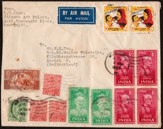 Airmail Cover of 1953 with special issue stamps dispatched from New Delhi to Zurich