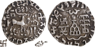 Silver Drachma Coin of Amoghbuti of Kuninda Dynasty of Swastika type.