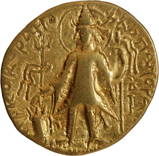 Gold Dinar Coin of Kanishka II of Kushan Dynasty of Ardokhsho type..