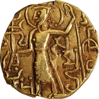 Extremely Rare Samudraupta Gold Dinar stylized in Kushan Style.