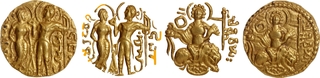 An Unlisted King and Queen type Gold Dinar Coin of Samudragupta of Gupta Dynasty.