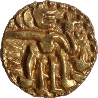 Gold One Eighth Kahavanu Coin of Raja Raja I of Cholas with legend Jaya Chola.