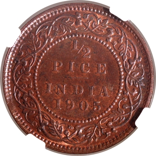 Extremely Rare Top Pop NGC MS 63 BN Graded Copper Half Pice Coin of King Edward VII of Calcutta Mint of 1905.