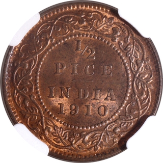 Very Rare NGC MS 65 BN Graded Bronze Half Pice Coin of King Edward VII of Calcutta Mint of 1910.