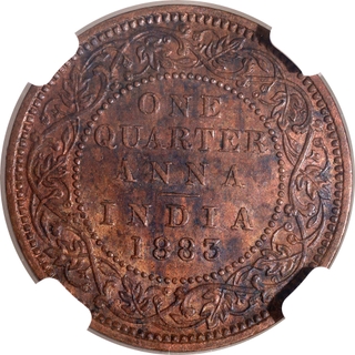 Very Rare NGC MS 61 BN Graded Copper One Quarter Anna Coin of Victoria Empress of Bombay Mint of 1883.