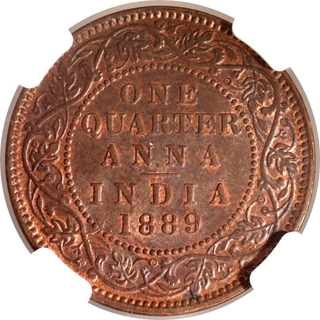 Rare NGC MS 62 RB Graded Copper One Quarter Anna Coin of Victoria Empress of Bombay Mint of 1889.