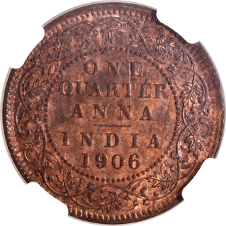 Very Rare NGC MS 63 BN Graded Bronze One Quarter Anna Coin of King Edward VII of Calcutta Mint of 1906.