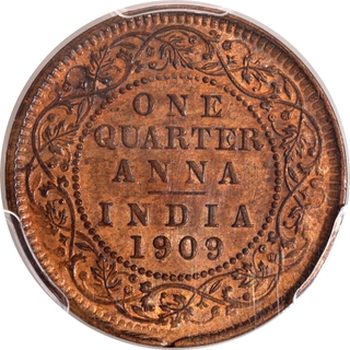 Extremely Rare PCGS MS 62 BN Graded Bronze One Quarter Anna Coin of King Edward VII of Calcutta Mint of 1909.