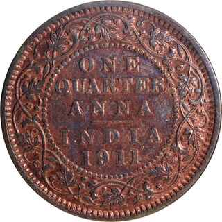 Rare Date 1911 Bronze One Quarter Anna Coin of King George V of Calcutta Mint.