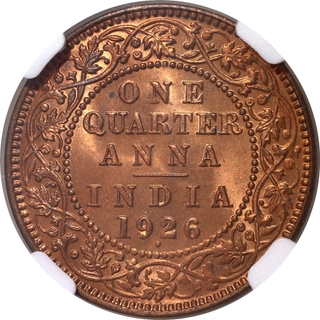 Rare NGC MS 65 RD Graded Bonze One Quarter Anna Coin of Bombay Mint of King George V of 1926.