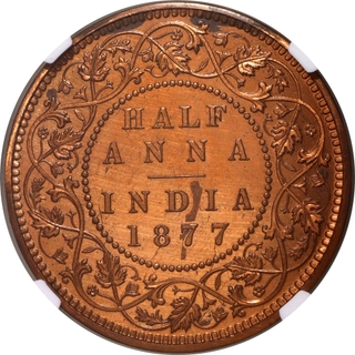 Extremely Rare NGC PF 63 RB Graded Copper Half Anna Proof Coin of Victoria Empress of Bombay Mint of 1877.