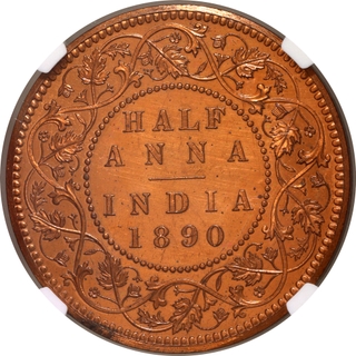 Extremely Rare NGC PF 62 RB Graded Copper Half Anna Proof Coin of Victoria Empress of Bombay Mint of 1890.