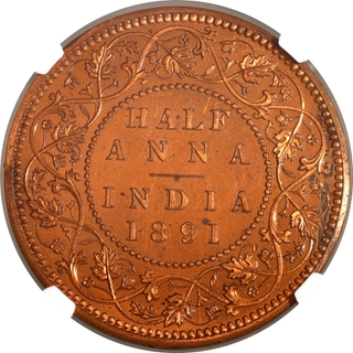 Extremely Rare NGC PF 63 RD Graded Copper Half Anna Proof Coin of Victoria Empress of Bombay Mint of 1891.