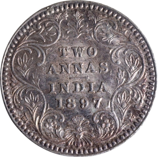 Uncirculated Silver Two Annas Coin of Victoria Empress of Calcutta Mint of 1897.