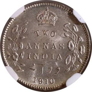 Scarce NGC MS 64 Graded Silver Two Annas Coin of King Edward VII of Calcutta Mint of 1910.