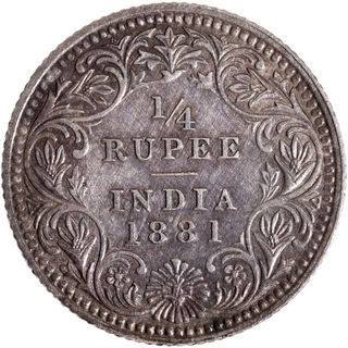 Scarce Date 1881 Silver Quarter Rupee Coin of Victoria Empress of Calcutta Mint.