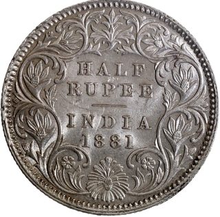 Extremely Rare Silver Half Rupee Coin of Victoria Empress of Calcutta Mint of 1881.