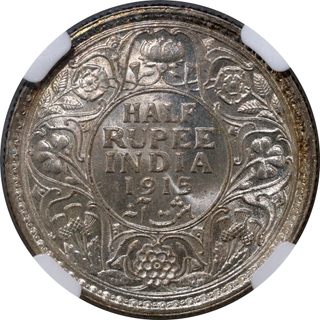 Extremely Rare NGC MS 64+ Graded Silver Half Rupee Coin of King George V of Calcutta Mint of 1915.